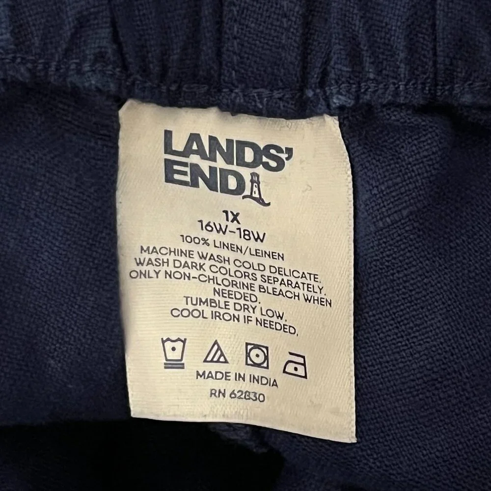 Lands End Womens Wide Leg Linen Pants 1X Coastal Navy Blue Open Side Tie Front